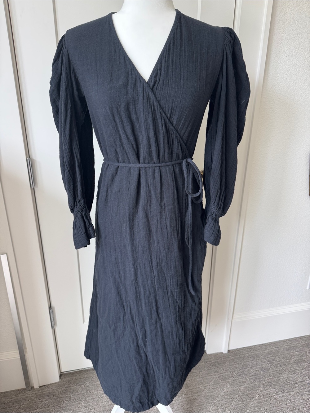 RHODE Black Textured Wrap Dress with Puff Sleeves